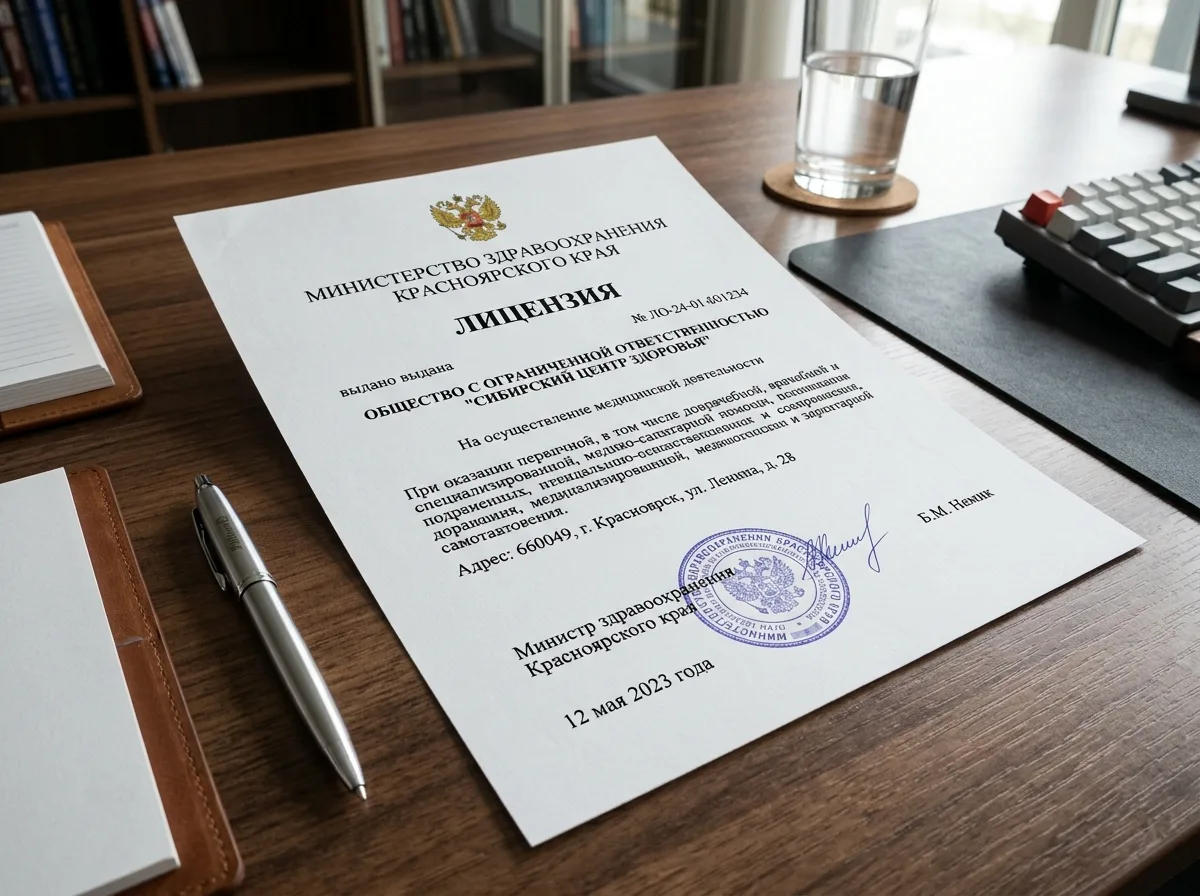 Документ медицинской лицензии Министерства здравоохранения Красноярского края на листе формата А4 с печатью, лежит на деловом столе